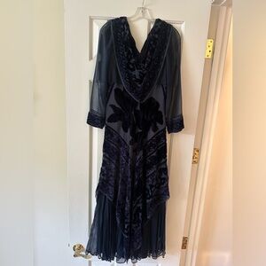 Dark Blue/Navy long dress, 100% silk with velvet details, sheer long sleeves